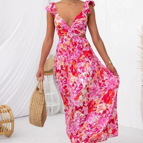 Floral Maxi Dress with Cutouts - Size XL - Picture 8 of 9
